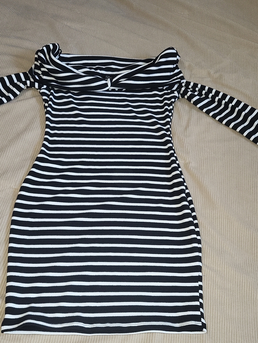 Aeropostale Black and White Striped Off-Shoulder Long Sleeve Dress